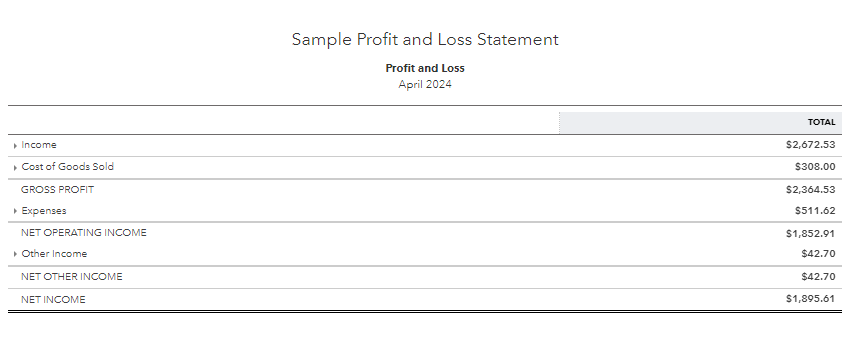 Screenshot from QuickBooks Online showing a sample Profit & Loss statement.