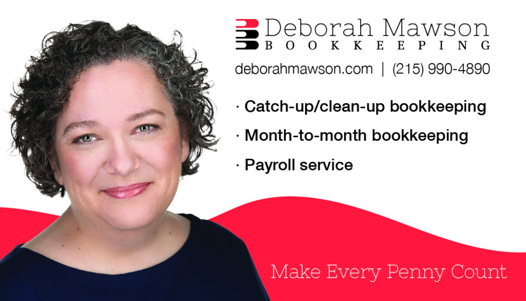 Deborah Mawson’s business card showing her face, her contact information, and the tagline of “Make Every Penny Count”