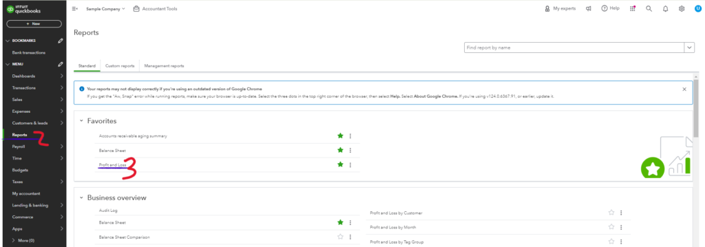 Screenshot from QuickBooks Online demonstrating steps 2 and 3 on how to generate a Profit & Loss statement