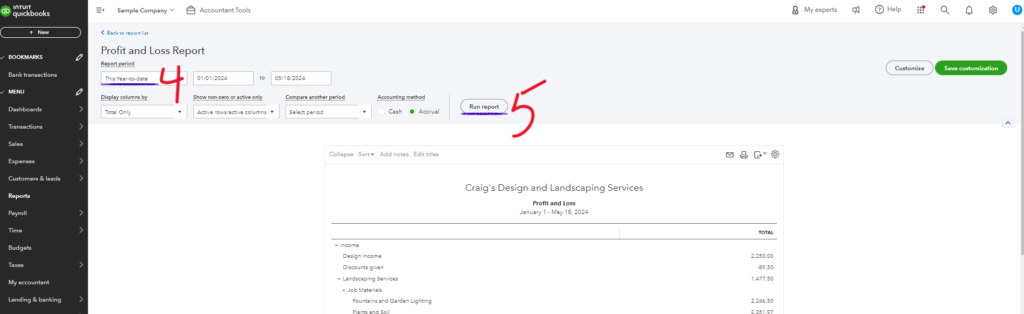 Screenshot from Quickbooks Online demonstrating steps 4 and 5 on how to generate a Profit & Loss statement