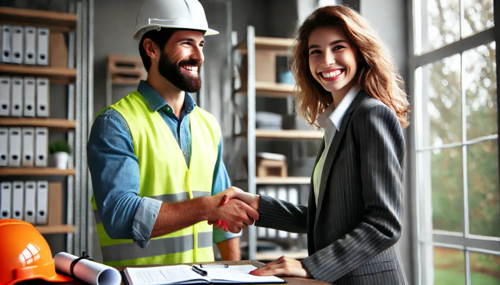 A happy contractor shaking hands with a grinning bookkeeper
