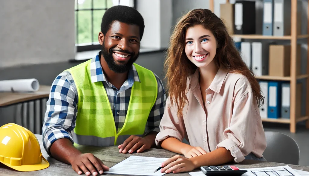 A male construction contractor in a yellow safety vest and a female bookkeeper smiling because they’ve set up an effective bookkeeping system for the contractor
