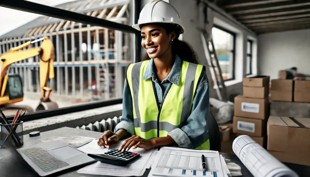 Image shows a black woman wearing a hard hat and a safety vest smiling as she gazes at her laptop. Financial reports sit on the desk in front of her. She is happy that her project is on budget.

