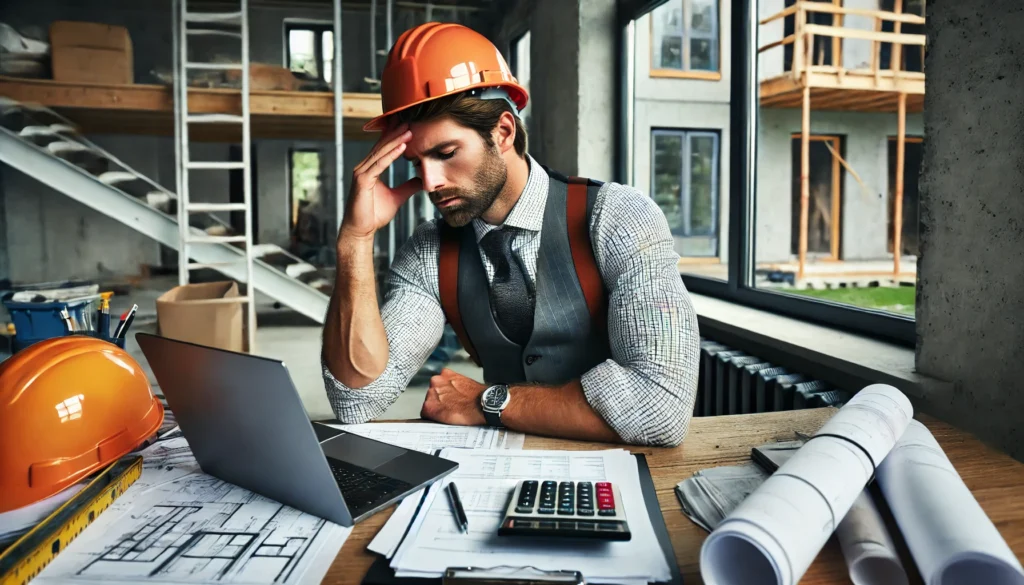 Image shows a white man in a suit with no jacket and wearing a hard hat is rubbing his forehead with his eyes closed. He is leaning against his desk with a laptop and financial paperwork scattered around. He looks stressed because he has a budget overrun on his current construction project.
