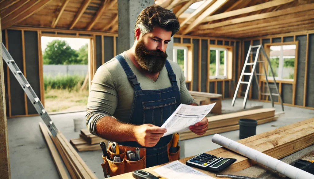 Construction contractor with a relaxed build and a beard holding a receipt and reviewing invoicing details at a worksite.