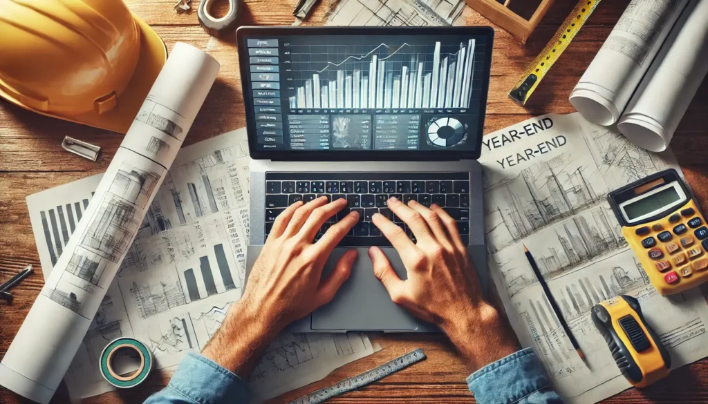 Close-up of a contractor’s hands typing on a laptop with financial charts on the screen, surrounded by construction tools like a measuring tape and blueprints, symbolizing a year-end review for contractors.
